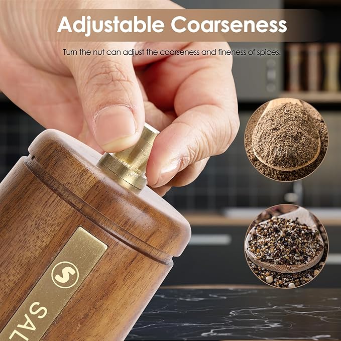 Wooden Salt and Pepper Grinder Set with Brush and Spoon, 8 Inch Manual Salt and Pepper Mill, Adjustable Coarseness, Refillable Pepper Grinder with Ceramic Core for Kitchen, Brown