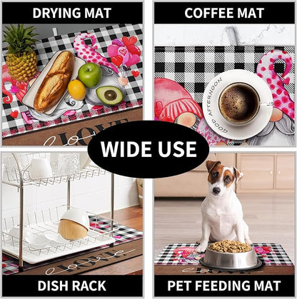 Valentine's Day Dish Drying Mats for Kitchen Counter, Gnome Love Kitchen Drying Mat, Buffalo Plaid Dish Drainer Mat Absorbent Quick Dry Dishes Pad 18 x 24 In - Farmhouse Decor Valentines Gift - Image 7
