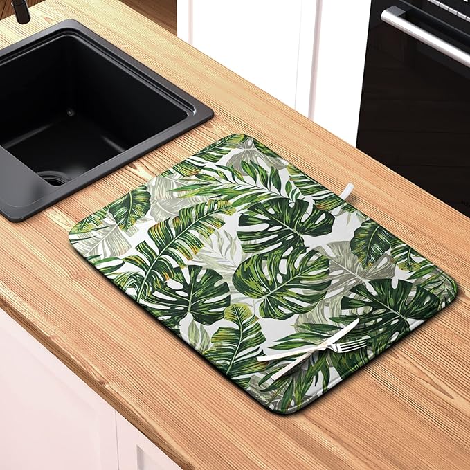 Tropical Palm Leaves Dish Drying Mat for Kitchen Counter 18x24 Inch, Green Monstera Kitchen Drying Mat,Watercolor Herbs Dishes Pad Dish Drainer Rack Mats Absorbent Fast Dry Kitchen Accessories - Image 6