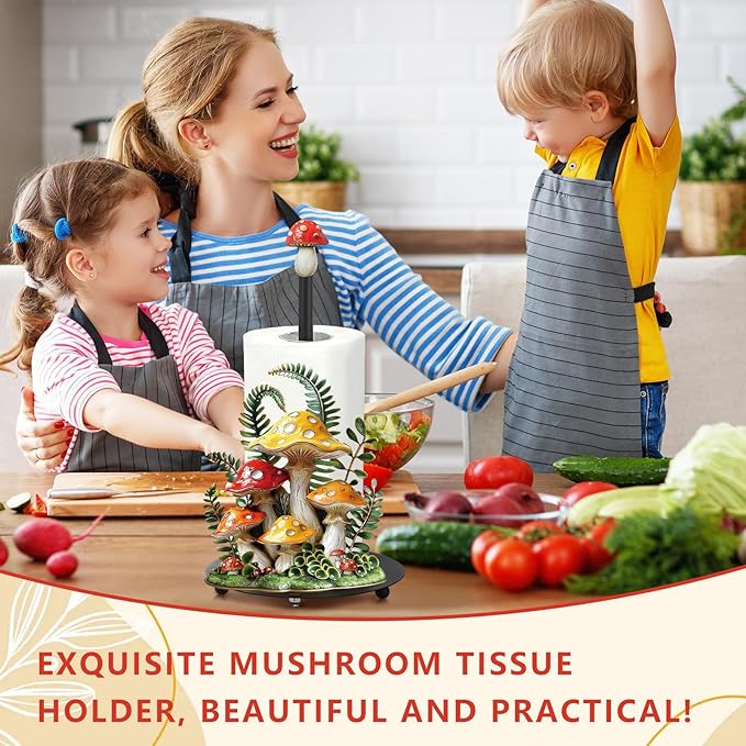 Thyle Mushroom Paper Towel Holder with Round Base Mushroom Bathroom Decor Gifts Rustic Dispenser Kitchen Paper Holder Stand for Christmas Housewarming Farmhouse Countertop Toilet Home Accessories