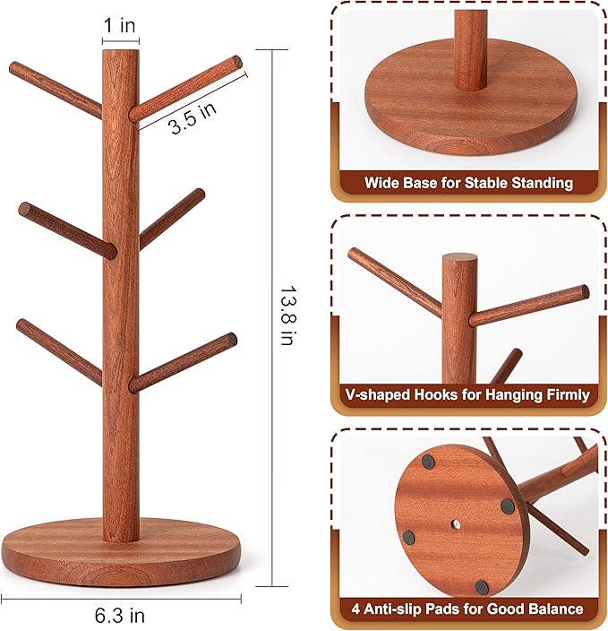 MyLifeUNIT Mug Holder Tree, Coffee Cup Holder with 6 Hooks (Reddish Brown) - Image 5