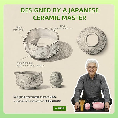 TEANAGOO 7-PCS Pink Matcha Whisk Set with Cherry Blossom Design, Complete Ceremony Kit, Ceramic Chawan Bowl with Spout, Whisk & Accessories, Traditional Matcha Tea Set for Lattes& Gift Giving