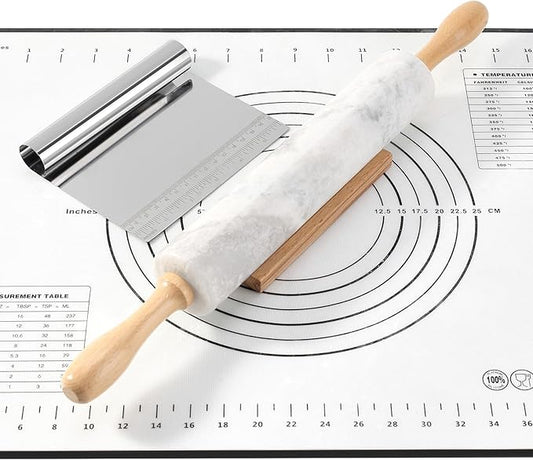 Koville African Natural Marble Rolling Pin, Non-Stick Polished Dough Roller, Pasta, Dumpling, Fondant, Pie Crust, Bread, Pizza Dough, Kitchen Baking Pastry Tools with Mat/Scraper(Grigio Fantasy) by Koville