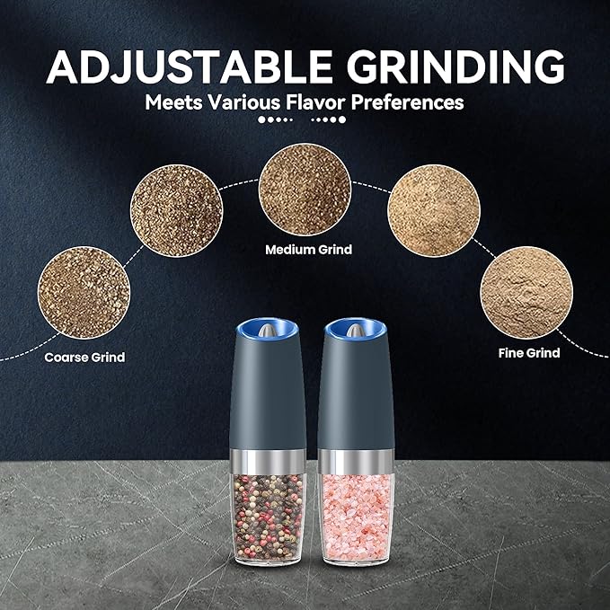 UNNEES Gravity Electric Salt and Pepper Grinder set of 2, Automatic Salt And Pepper Grinder Set, Adjustable Roughness, Battery Powered, LED Light, 2 Pack, (Grey) - Image 3