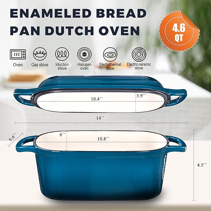 4.6 Quart Dutch Oven for Sourdough Bread Baking, Combo Oval Enameled Cast Iron Bread Pan with Lid, Bread Dutch Oven for a Crispy Crust, Teal - Image 4