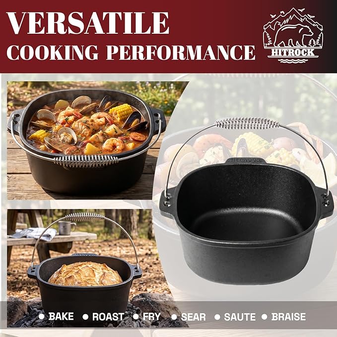 HITROCK Cast Iron Camp Dutch Oven 4QT, Pre-Seasoned Camping Dutch Oven with Lid, Flat Bottom Outdoor Pot with Lid Lifter,Pot Stand, Storage Bag & Handle for Camping, Baking, Grilling, Rounded-square Shape