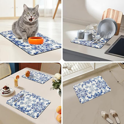 Bloss Dish Drying Mat, 12.2"x19.7" Absorbent Coffee Bar Mat with Waterproof Rubber Back, Fit Under Coffee Maker Machine/Kitchen Counter(Ink Cyan Flower) - Image 6