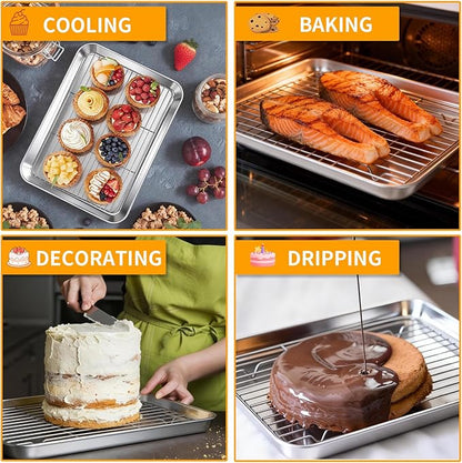 Baking Sheet Pan Set of 8, CEKEE Stainless Steel Cookie Sheets for Baking with Cooling Rack, Small/Quarter/Jelly Roll Pans, 9/10/12/16 Inch, 0.8mm Thick Heavy Duty & Non Toxic & Easy Clean - Image 7