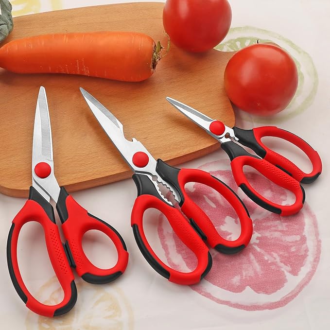 Kitchen Scissors, Sharp Stainless Steel Blades, Soft Grips, Multi-Purpose Heavy Duty Scissors Set, Red/Black, 3 Piece Set