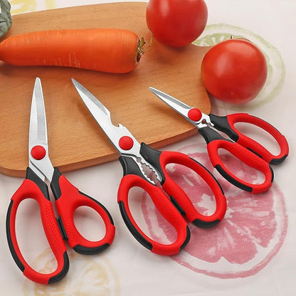Kitchen Scissors, Sharp Stainless Steel Blades, Soft Grips, Multi-Purpose Heavy Duty Scissors Set, Red/Black, 3 Piece Set
