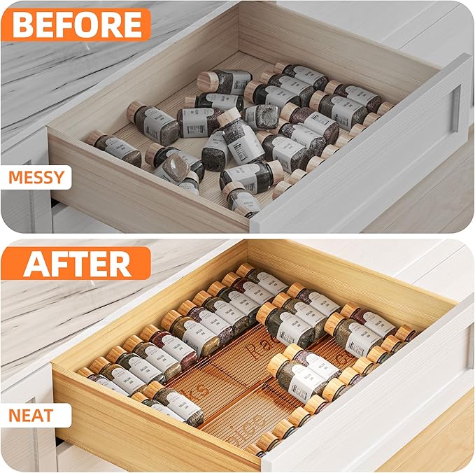 MUDEELA Clear Spice Drawer Organizer, 4 Tier- 2 Set (4 Packs) Spice Rack for Drawer, Expandable From 11" to 22" Kitchen Seasoning Organizers and Storage for Drawer (Jars not included), Amber - Image 3