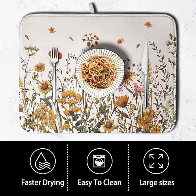 Fall Floral Dish Drying Mat for Kitchen Counter Autumn Burnt Orange Wild Flowers Dish Draining Mat Absorbent Microfiber Dishes Pad Washable Dish Drainer Rack Mat Large 18"x24" - Image 4