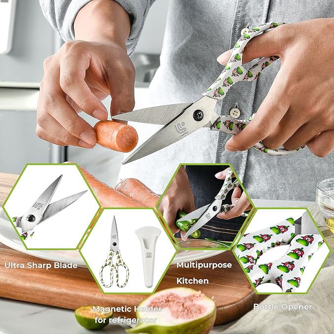 Linoroso Kitchen Scissors Heavy Duty Kitchen Shears with Magnetic Holder Made with Japanese Steel 4034, Multipurpose Ultra Sharp Cooking Scissors for Meat/Vegetables/BBQ/Herbs/Pizza (Graphic,Chili) - Image 3