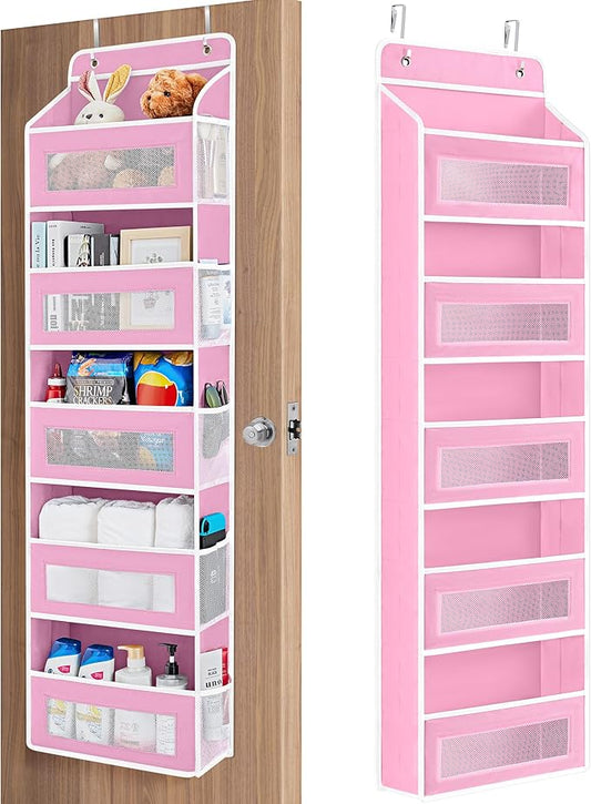 JARLINK Over The Door Organizer Storage, 5 Shelf Hanging Door Organizer with 5 Large Capacity Pockets, Anti Tilt 44 lb Load Behind Door Storage for Bedroom, Bathroom, Pantry, Nursery, (Pink)