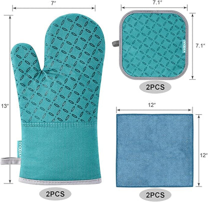 KEGOUU Oven Mitts and Pot Holders 6pcs Set, Kitchen Oven Glove High Heat Resistant 500 Degree Extra Long Oven Mitts and Potholder with Non-Slip Silicone Surface for Cooking (Lake Blue) - Image 2