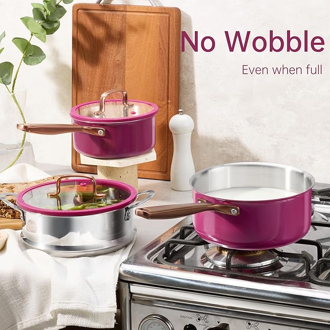 CAROTE 1.5Qt & 3.0Qt Stainless Steel Saucepan Set with Steamer & Ladle, Non-Toxic 3-Ply Stainless Steel Pot with Lids, Small Pots for Cooking, Oven Safe, Induction Compatible Cookware, Purple - Image 8