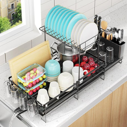 Large Dish Drying Rack, Expandable Dish Rack for Kitchen Counter, Dish Drainer with Drainboard Set, Multifunctional Dishrack with Utensil & Cup Holder, 13.4"-28.7" L x 11.8" W x 9.3" H, Black by Pantasia