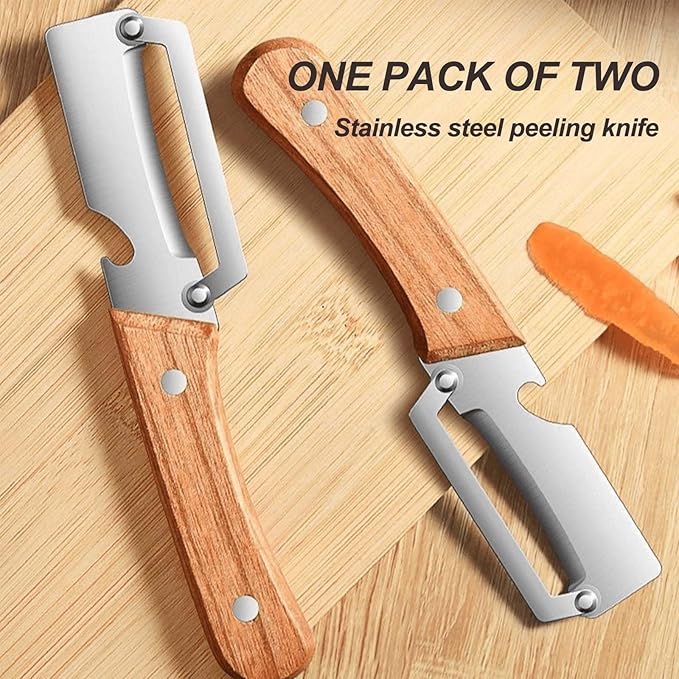 2PCS Premium Vegetable Peeler with Wooden Handle and Bottle Opener, Multi-Functional Vegetable Peeler, Stainless Steel Blade Kitchen Tool for Fruit - Image 2
