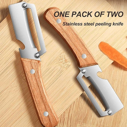 2PCS Premium Vegetable Peeler with Wooden Handle and Bottle Opener, Multi-Functional Vegetable Peeler, Stainless Steel Blade Kitchen Tool for Fruit - Image 2