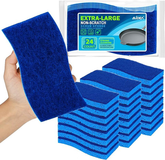 AIDEA XL Scrub Sponges Non-Scratch 24Count, Extra Large Sponges Kitchen, Sponge for Dishes, Cleans Fast Without Scratching Safe for Non-Stick Cookware, Cleaning Power for Kitchen, House by AIDEAHOME