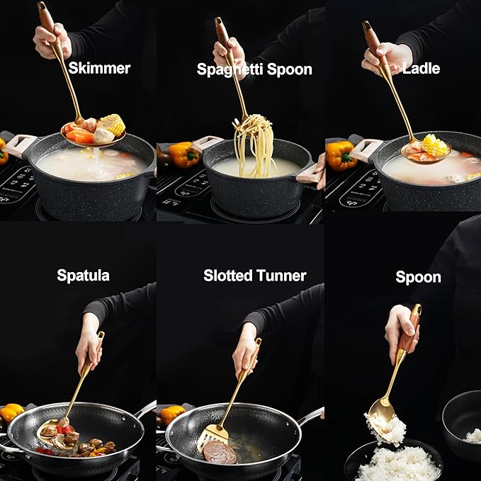 Gold Kitchen Utensils Set, 9 PCS Stainless Steel Cooking Utensils with Wood Handle, Solid and Slotted Spoon, Fork, Spatula, Ladle, Skimmer, Slotted Tunner, Spaghetti and Large Spoon - Image 2