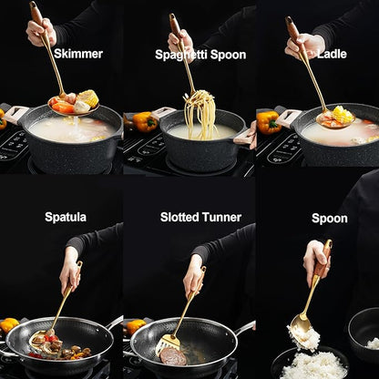 Gold Kitchen Utensils Set, 9 PCS Stainless Steel Cooking Utensils with Wood Handle, Solid and Slotted Spoon, Fork, Spatula, Ladle, Skimmer, Slotted Tunner, Spaghetti and Large Spoon - Image 2