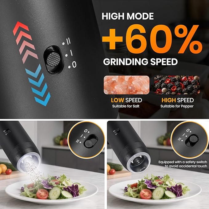 Rechargeable Gravity Electric Salt Grinder Set with Variable Grinding Speed, External Adjustable Coarseness, External Adjustable Coarseness, Charging Base and White LED Light,Black - Image 4