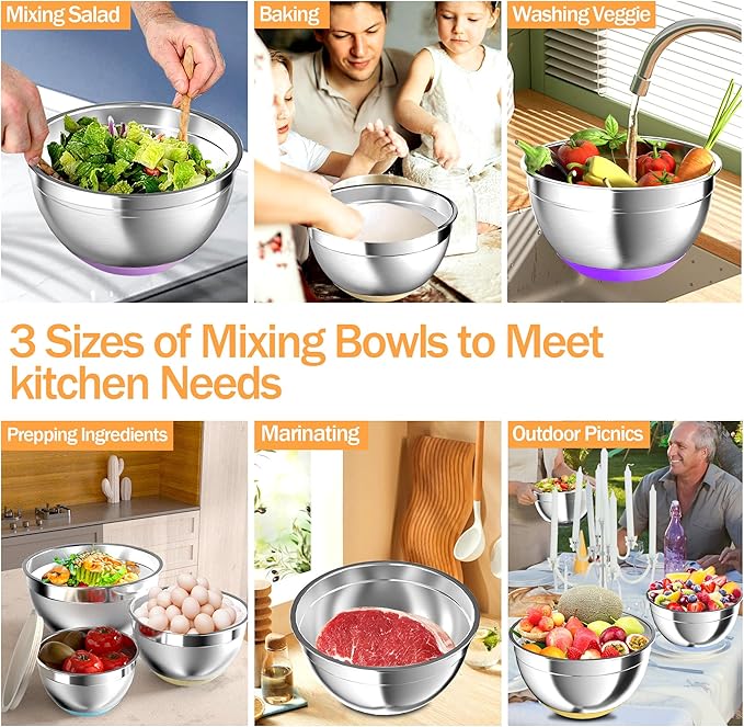 Nicdiet Mixing Bowls with Airtight Lids, Stainless Steel Mixing Bowl Set with 3 Metal Nesting Bowls, Colander & Grater, Non-Slip Bottoms, Size 1.5, 2.5, 5 QT, Great for Mixing & Serving, Mutilcolor - Image 6