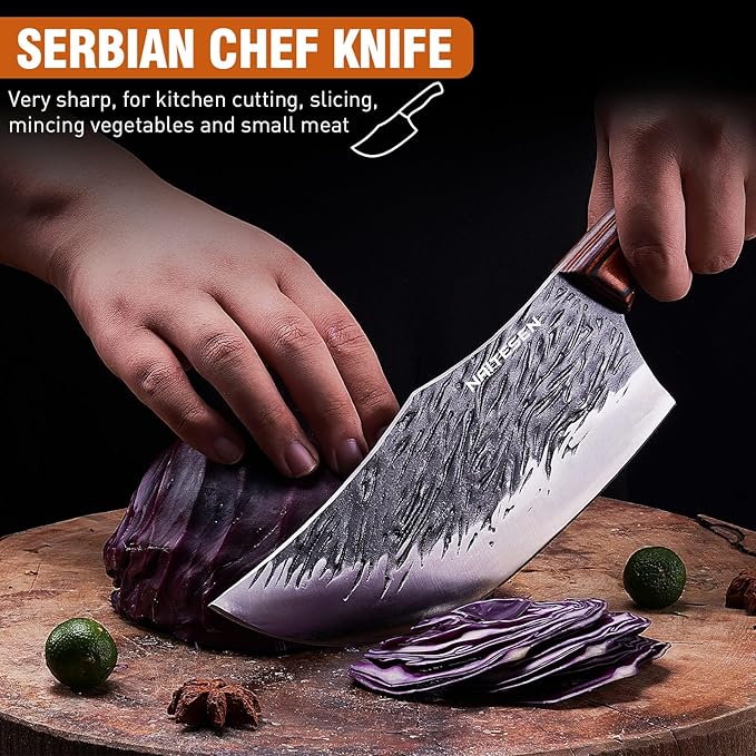 Naitesen 4PCS Hand Forged Butcher Knife and Kitchen Knife 2 in 1 Set, Heavy Duty Meat Cleaver Serbian Chef Knife Breaking Knife Boning Knife for Meat Cutting BBQ Gifts for Men Women - Image 4