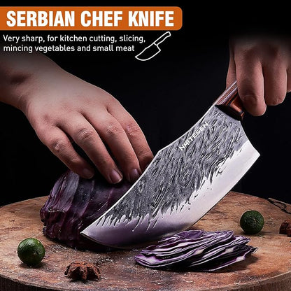 Naitesen 4PCS Hand Forged Butcher Knife and Kitchen Knife 2 in 1 Set, Heavy Duty Meat Cleaver Serbian Chef Knife Breaking Knife Boning Knife for Meat Cutting BBQ Gifts for Men Women - Image 4
