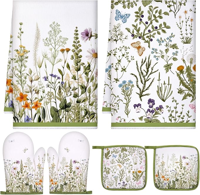 Leinuosen 6 Wild Flower Kitchen Towels Kitchen Decor and Accessories Set Floral Plant Oven Mitts and Pot Holders Sets Farmhouse Absorbent Dish Towels for Cooking Baking Grilling by Leinuosen