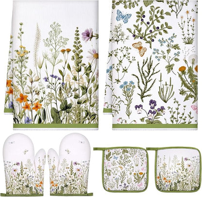 Leinuosen 6 Wild Flower Kitchen Towels Kitchen Decor and Accessories Set Floral Plant Oven Mitts and Pot Holders Sets Farmhouse Absorbent Dish Towels for Cooking Baking Grilling by Leinuosen