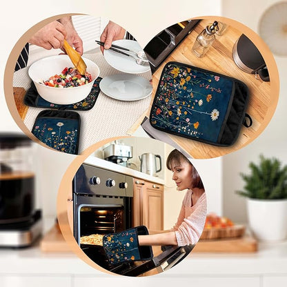 Moody Blue Wildflower Pot Holders with Pockets, Dark Cottagecore Floral Botanical Oven Pot Holders Heat Resistant Oven Mitts Hot Pads for Kitchen Baking Cooking