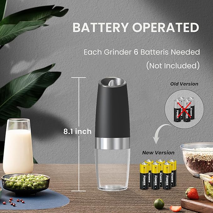 Battery Operated Salt And Pepper Grinder with LED Light, Automatic Electric Gravity Salt And Pepper Shakers, Each 6 AAA Batteries Needed, Adjustable Roughness, 1 Pack (Black) - Image 4
