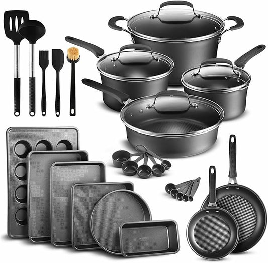 Pots and Pans Set, 23-Piece Non Stick Cookware & Bakeware Sets with Plaid Pattern, Stackable Design, Dishwasher Safe, Stain-resistant, Oven & All-Stove Safe, Tempered Glass Lid, Black by Unknown