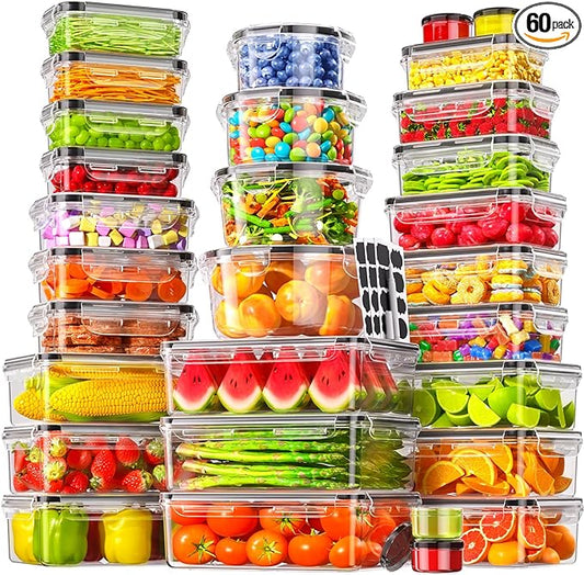 60 PCS Food Storage Containers with Lids Airtight, (30 Lids & 30 Containers) Leak proof Containers Set for Kitchen, Meal Prep, BPA-Free, PVC-Free Plastic, Microwave/Dishwasher Safe, Extra Labels & Pen by Canfanni