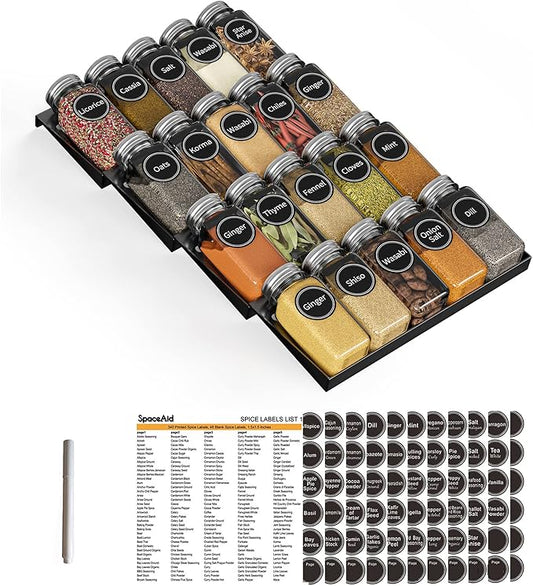 SpaceAid Spice Drawer Organizer with 20 Spice Jars, 386 Spice Labels, 4 Tier Seasoning Rack Tray Insert for Kitchen Drawers, 9-1/2" Wide x 17-1/2" Deep by SpaceAid