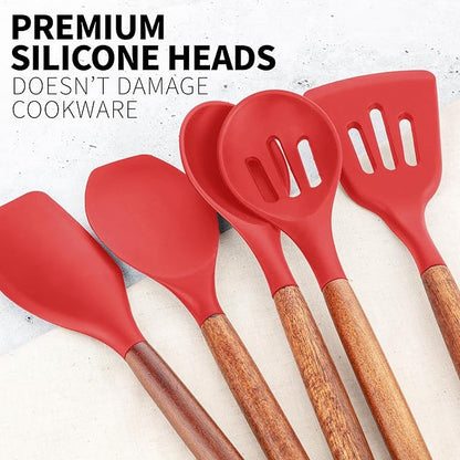 Zulay Kitchen Utensils Set Non-Stick Silicone Cooking Utensils Set with Authentic Acacia Wood Handles - 5 Piece Silicone Utensil Set - Kitchen Utensils Set with 464°F Heat Resistance - Red - Image 9