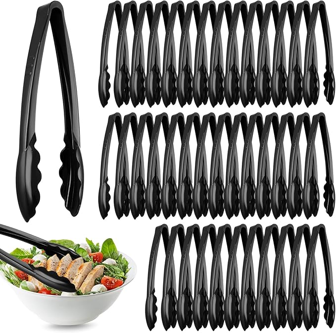 Tessco for you 50 Pcs Plastic Tongs for Serving Bulk, 9 Inch Plastic Disposable Serving Tongs, Heavy Duty Salad Tong for Kitchen, Buffet, BBQ, Events & Catering (Black) by Tessco