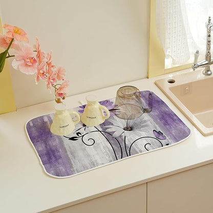 Floral Dish Drying Mat 18x24 Inches For Kitchen Counter Purple Daisy Flower Kitchen Decoration Drying Mat Modern Decorative Drying Pad For Home Kitchen Decor,Dining Room,Office Decor