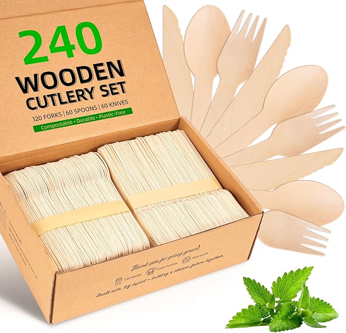 Disposable Wooden Utensils Set, Compostable Utensils, Disposable Cutlery Eco-Friendly Silverware Set for Parties, Catering, Office Lunches-240 PCS (120 Forks, 60 Spoons, 60 Knives)