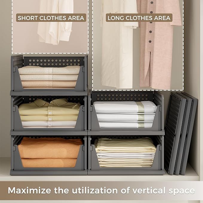 Pinkpum 8 Pack Closet Organizers and Storage Plastic Stackable Storage Bins, Foldable Drawer Shelf Storage Container for Wardrobe Kitchen Bathroom Dorm Black - Image 4