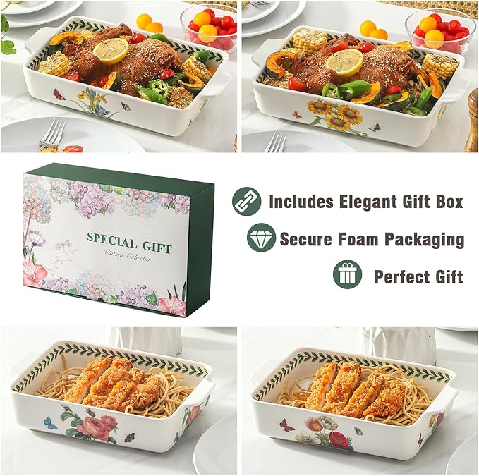 Ceramic Papaver rhoeas Baking Casserole Dish with Handles, Large 2 pieces 8x13 inch & 6x10 inch Lasagna Baking Dish and Middle Flower Andplant Baking Pan,Porcelain Serving Bakeware Set - Image 7