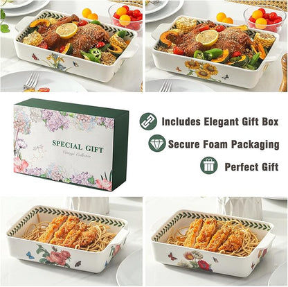 Ceramic Papaver rhoeas Baking Casserole Dish with Handles, Large 2 pieces 8x13 inch & 6x10 inch Lasagna Baking Dish and Middle Flower Andplant Baking Pan,Porcelain Serving Bakeware Set - Image 7