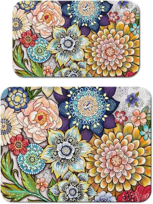 Dish Drying Mat for Kitchen Counter 2 Pack with Non-Slip Rubber Backing - Heat-Resistant Absorbent Coffee Bar Mat, Dish Rack Mat, Mandala Flower Dish Drying Mats 18x24+19.5x12 inch