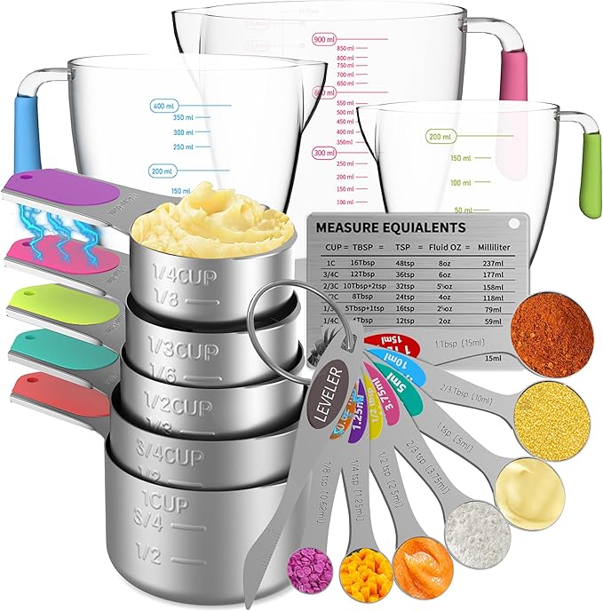 Magnetic Measuring Cups and Spoons Set, 5 Stainless Steel Measuring Cups, 7 Magnetic Measuring Spoons & 1 Leveler, 3 Plastic Measuring Cup with 1 Measuring Conversion Chart by Minteem-MeasuringCups