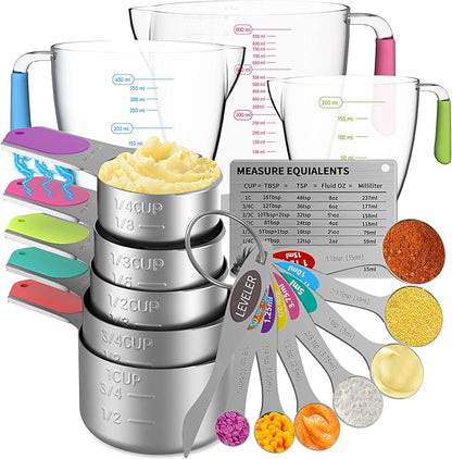 Magnetic Measuring Cups and Spoons Set, 5 Stainless Steel Measuring Cups, 7 Magnetic Measuring Spoons & 1 Leveler, 3 Plastic Measuring Cup with 1 Measuring Conversion Chart by Minteem-MeasuringCups