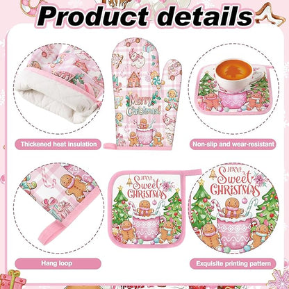Fanfanwin 10 Pcs Winter Oven Mitts Pot Holders Kitchen Rug and Towel Set Absorbent Towels for Baking Cooking BBQ Gifts Kitchen Decor(Pink,Gingerbread Man)