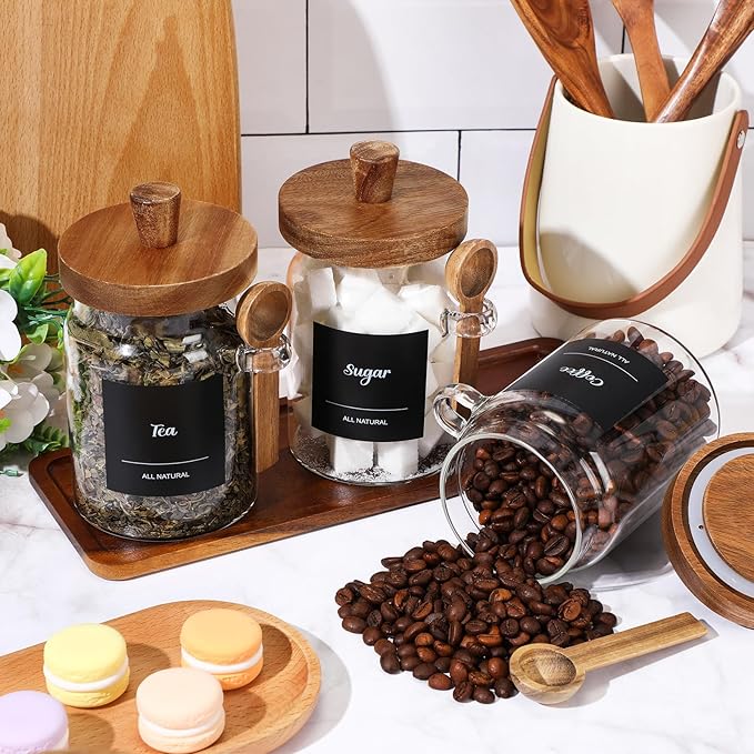 Suclain 3 Pcs Glass Coffee Container with Wooden Lid Spoon Shelf Labels Clear Airtight Jar Food Storage Canister Set for Sugar Spice Coffee Bean Holder Housewarming Gift(20 oz,Acacia Brown) - Image 4