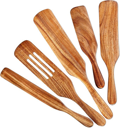 5Pcs Wooden Spurtle Set, Natural Acacia Wood Kitchen Utensils Set for Cooking, Stirring, Mixing, Serving, Heat Resistant Non-Stick, Wooden Spurtles for Mom, Wife Cooking Gifts